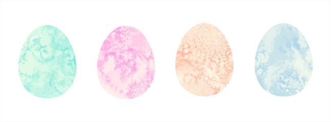 Painted watercolor Easter eggs set, paschal vector illustrations collection. Salt stains patterns. Pink, orange, blue watercolor egg shape backgrounds, text frames. Greeting card hand drawn templates.