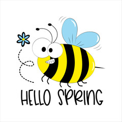 Hello Spring -  cute cartoon bee and flolwer. Good for greeting card, poster, label , textile print, and other decoration.