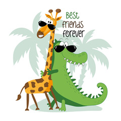 Best friends forever - cool giraffe and alligator in island. Good for T shirt print, poster, card, label, childhood, and other gifts design.