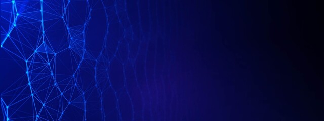 Neon background frame. Texture of chaotic wave with dots, particles, glowing stars. Design plexus lines, grid, information web. Digital network. Poster technology, medicine, social networks, business.