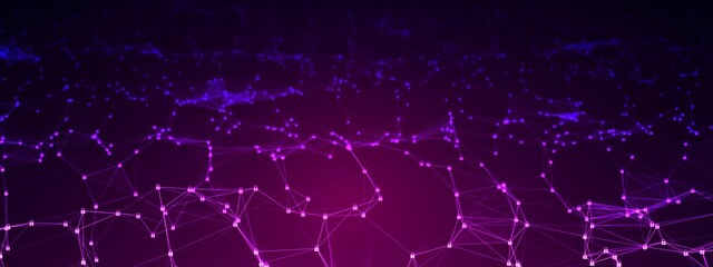 Neon background. Wave pattern with dots, glowing stars. The design is plexus of lines, grid, information web. Digital network, security. Banner of technology, medicine, social networks, business.