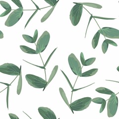 Seamless pattern with Eucalyptus Silver Dollar on a white background. Illustration of greenery, foliage and natural leaves. Template for floral textile design.