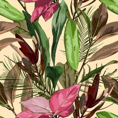 Floral Seamless Pattern with magnolia branch, leucadendron, palm leaves with leaves. Blooming Flowers on beige Background.	 - 486717083