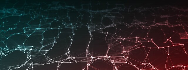 Neon background. Wave pattern with dots, glowing stars. Design plexus of lines, grid, an information web. Connection fire and ice. Digital network. Banner of technology, social networks, business.