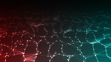 Neon background. Wave pattern with dots, glowing stars. Design plexus of lines, grid, an information web. Connection fire and ice. Digital network. Banner of technology, social networks, business.