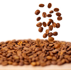 Levitation of coffee beans. Background with coffee.