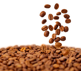 Levitation of coffee beans. Background with coffee.