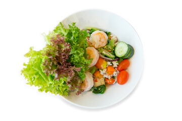 Die cut of SPICY PRAWN SALAD WITH ORGANIC CHINESE KALE on white isolated