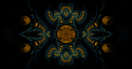 Abstract blue and gold fractal shapes on a dark background. Digital fractal art. 3d rendering