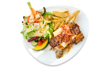 Die cut of Grilled steak with french fries and vegetables on white isolated
