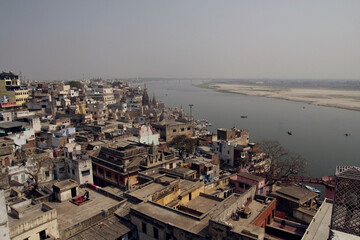 Panoramic aerial view on Varanasi and Ganga river in India.