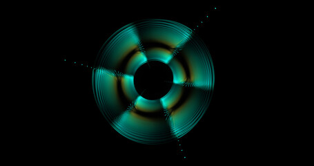 Abstract minimalistic neon fractal disc on dark background. Digital art. 3d rendering.