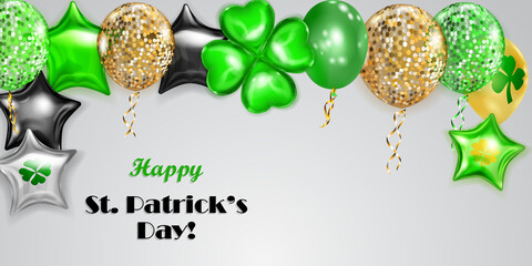 Fototapeta na wymiar Illustration on St. Patrick's Day with flying colored helium balloons: round, star-shaped, and in the form of a four-leaf clover, on white background