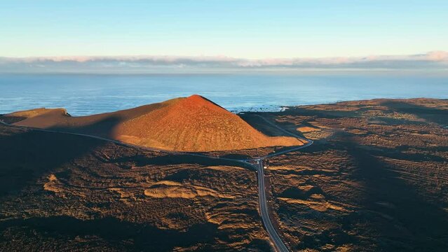 Top view of Lanzarote volcanoes. Drone flight over Lanzarote island
