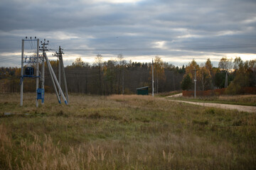 Fototapeta na wymiar Electric power line in Russian village