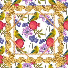 Scarf with a pattern of birds and pomegranates