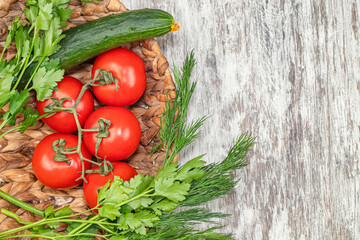 Fototapeta na wymiar Background of fresh vegetables and salad dressings