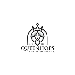 simple queen with hops logo design, queen beer logo, brewery, clean, premium beer vector, emblems, icon, modern