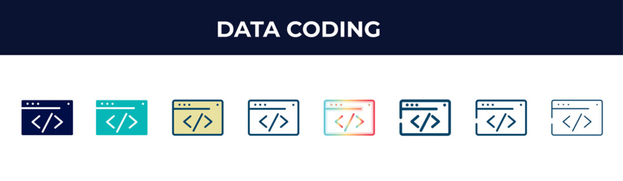 Data Coding Vector Icon In 8 Different Modern Styles. Black, Two Colored Data Coding Icons Designed In Filled, Glyph, Outline, Line, Stroke And Gradient Styles. Vector Illustration For Web, Mobile,