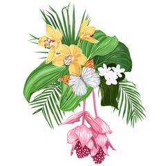 Bouquet of tropical plants and a butterfly. Vector illustration