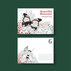 Postcard template with spring wild flower concept,line art style