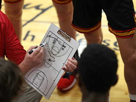 A Basketball Play Is Drawn Up On A Dry Erase Board During A Timeout.