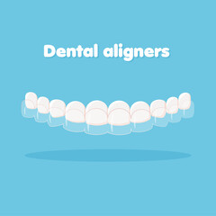 Mouth guard. Teeth with transparent braces. Alignment of teeth by aligners. Orthodontic dentistry concept. Dental care. Vector illustration isolated on blue background.	