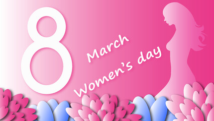 International Women's Day.Banner, flyer for March 8 with papercut woman face silhouette with flowers and wishing happy holiday