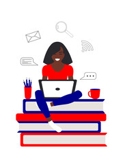 African American student girl is sitting with a laptop on the books. Online education concept in flat style in red and blue colors on white background. Stay at home. 