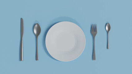 plate, fork, spoon, 3D rendering, dinner table items