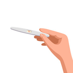 Pregnancy test in the hand with two red stripes. Positive pregnancy test.Vector cartoon illustration.