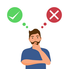 Man choosing right or wrong decision in flat design on white background. True false choice concept vector illustration. - obrazy, fototapety, plakaty