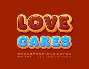 Vector creative banner Love Cakes. Choco  Font. Creative bright Alphabet Letters and Numbers set
