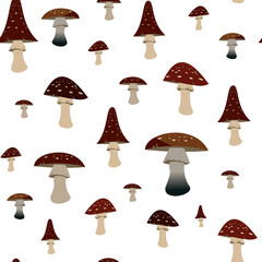 pattern of forest mushrooms. Fly agarics of different shapes on a white background. Vector illustration for fabric or packaging