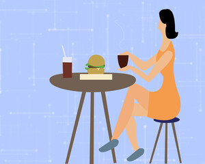 2d illustration lady in coffee shop  
