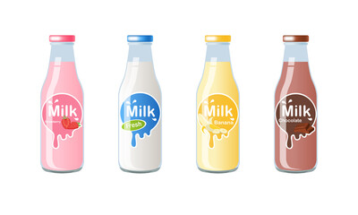 Milk bottle with strawberry, fresh milk, banana and chocolate milk label template