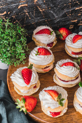 Mini Victoria sandwich cake. Sponge cake is a light cake made with egg whites, flour and sugar. Selective focus shot.
