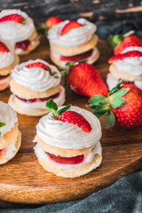 Mini Victoria sandwich cake. Sponge cake is a light cake made with egg whites, flour and sugar. Selective focus shot.