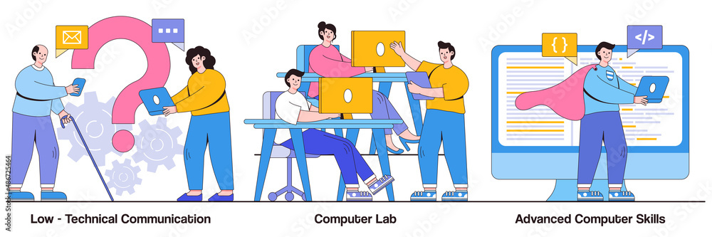 Poster low-technical communication, computer lab, advanced skills concept with people character. computer s