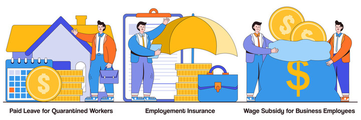 Paid leave, employment insurance, wage subsidy for business employee concept with people character. Governmental support for quarantined worker vector illustration set. Sickness benefits support
