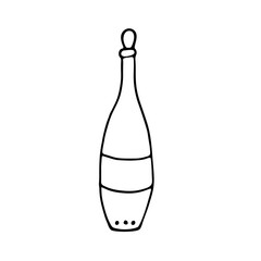 Doodle bottle of wine. Vector of bottles for sketches. Glass bottle with wine or champagne. Black outline of the bottle isolated on a white background.