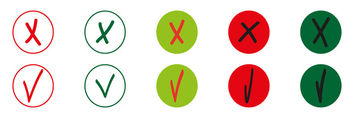 Red and green collection crosses and check marks . Set of flat vector mark buttons green,black and red crosses and checklist symbols. Quality sign icon. 