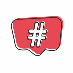 white hashtag icon in red speech bubble. concept of number sign, social media and web communicate. isolated on white background. flat style trendy modern illustration