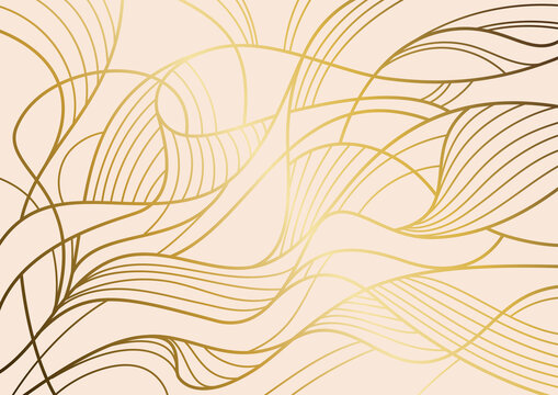 Gold lines vector art background. Abstract luxury cover design. Decor for design interior. Template for cards, flyers,  banner, packaging. Golden arts wallpaper for home decoration.
