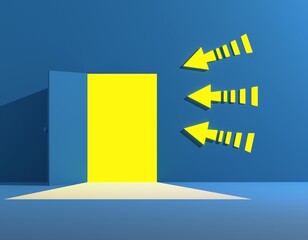 3d render illustration Conceptual photo of opening door with yellow light blue wall space. Three yellow arrows characterizing the direction. Choice concept.