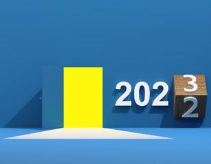 3d render illustration Conceptual photo of opening door with yellow light blue wall space. With an inscription time year 2022, 2023. 