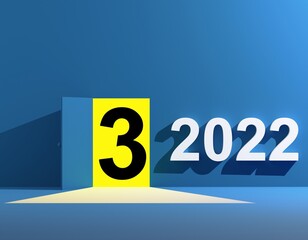 3d render illustration Conceptual photo of opening door with yellow light blue wall space. With an inscription year 2022, 2023. 