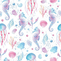 Watercolor kids seamless pattern. Watercolor jellyfish, sea-horse, coral illustrations. marine animals. For t-shirt print, wear design, baby shower, kids cards, linens, wallpaper, textile, fabric.