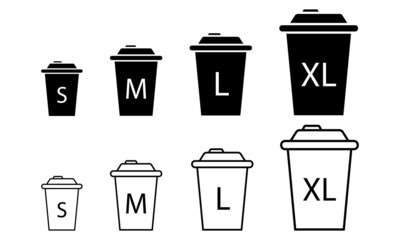 Cup size vector icon set. Paper cup for coffee : small, medium, big sizes. Vector 10 EPS.