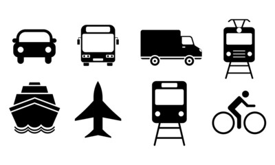 Transport icons vector set. Car, Airplane, Public bus, Van, Tram, Bicycle, Train, Ship signs. Vector 10 EPS.